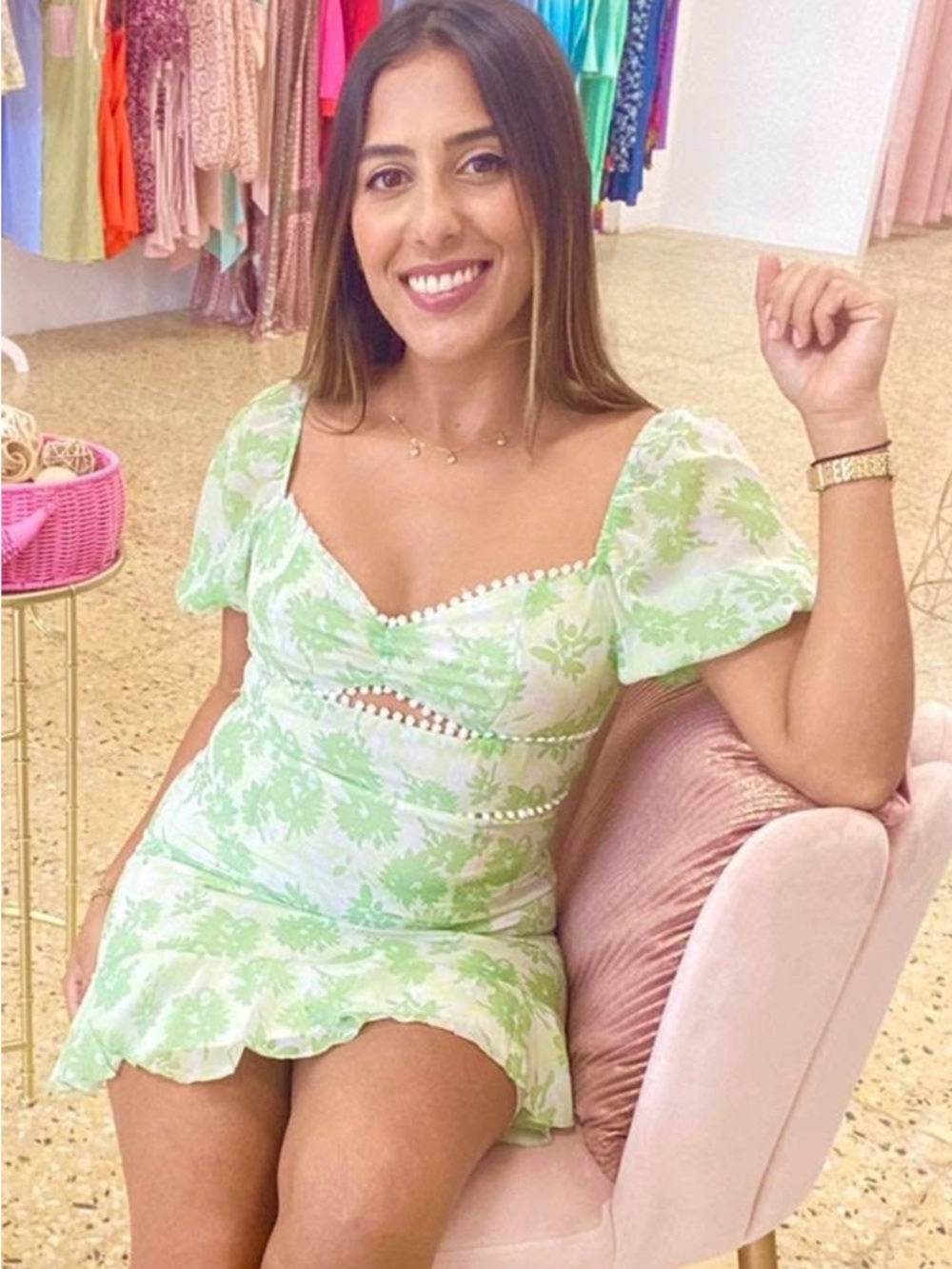 Green and White Floral Cutout Mini Dress